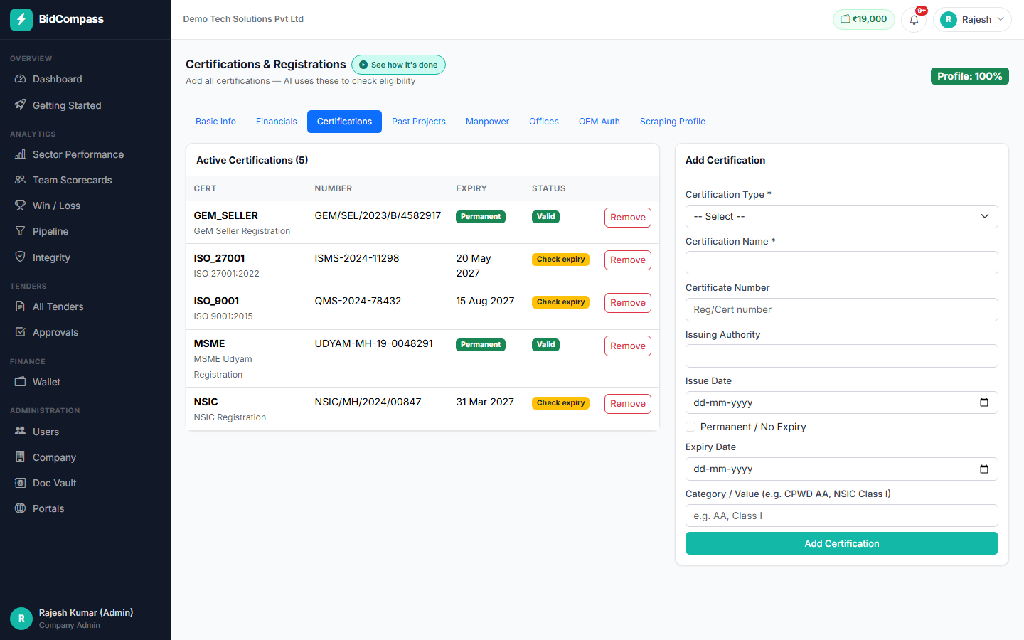 Certifications page